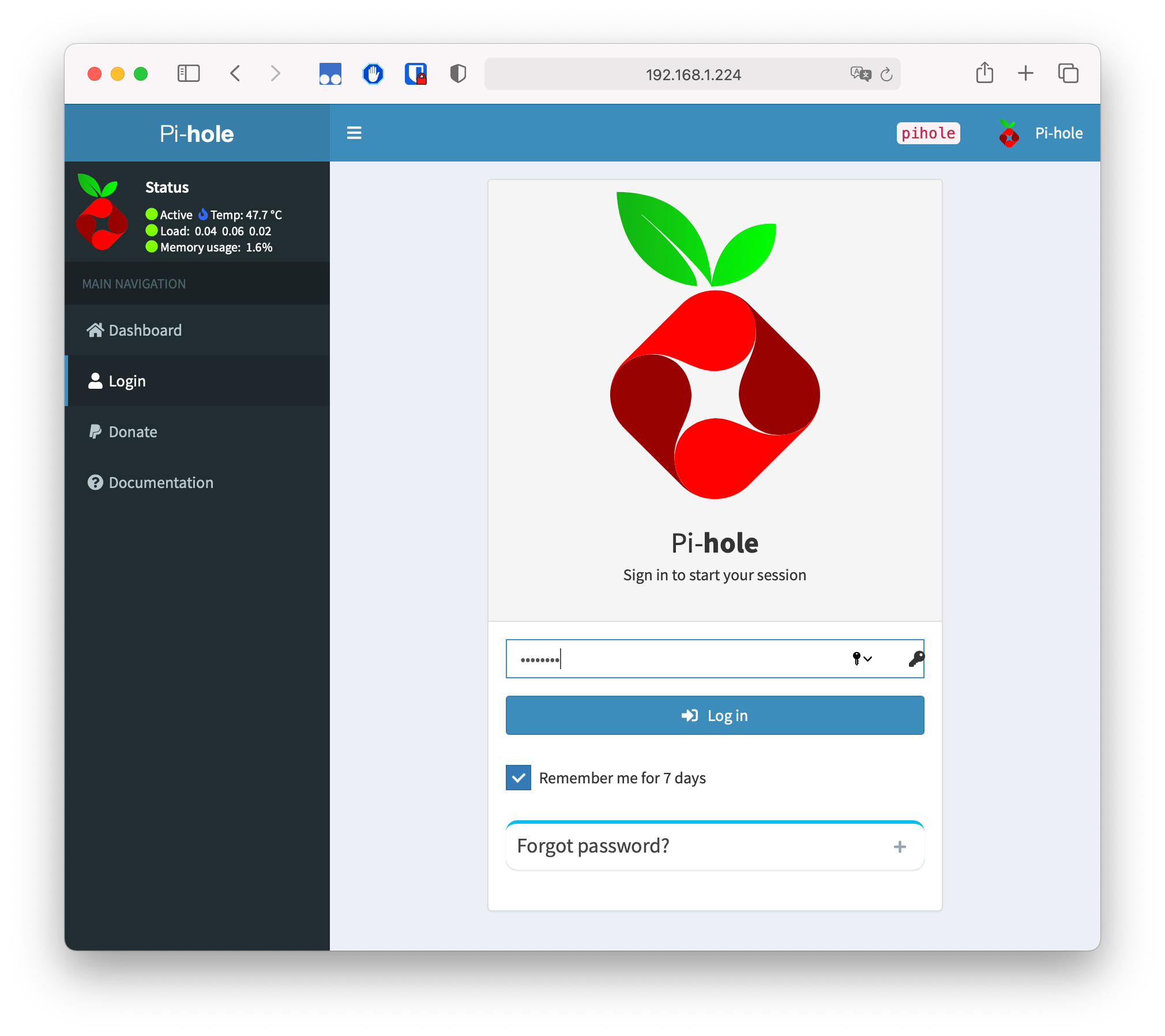 Login en Pi-hole