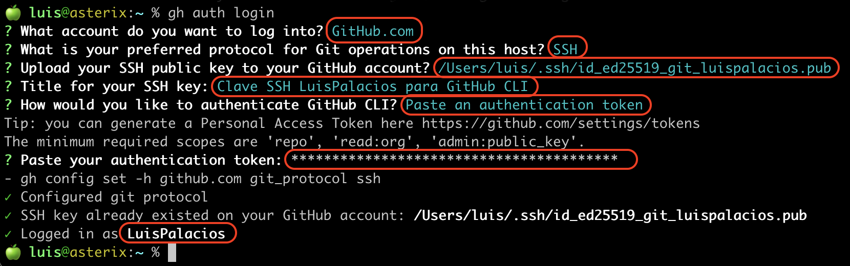 gh auth login con cuenta personal, SSH y PAT