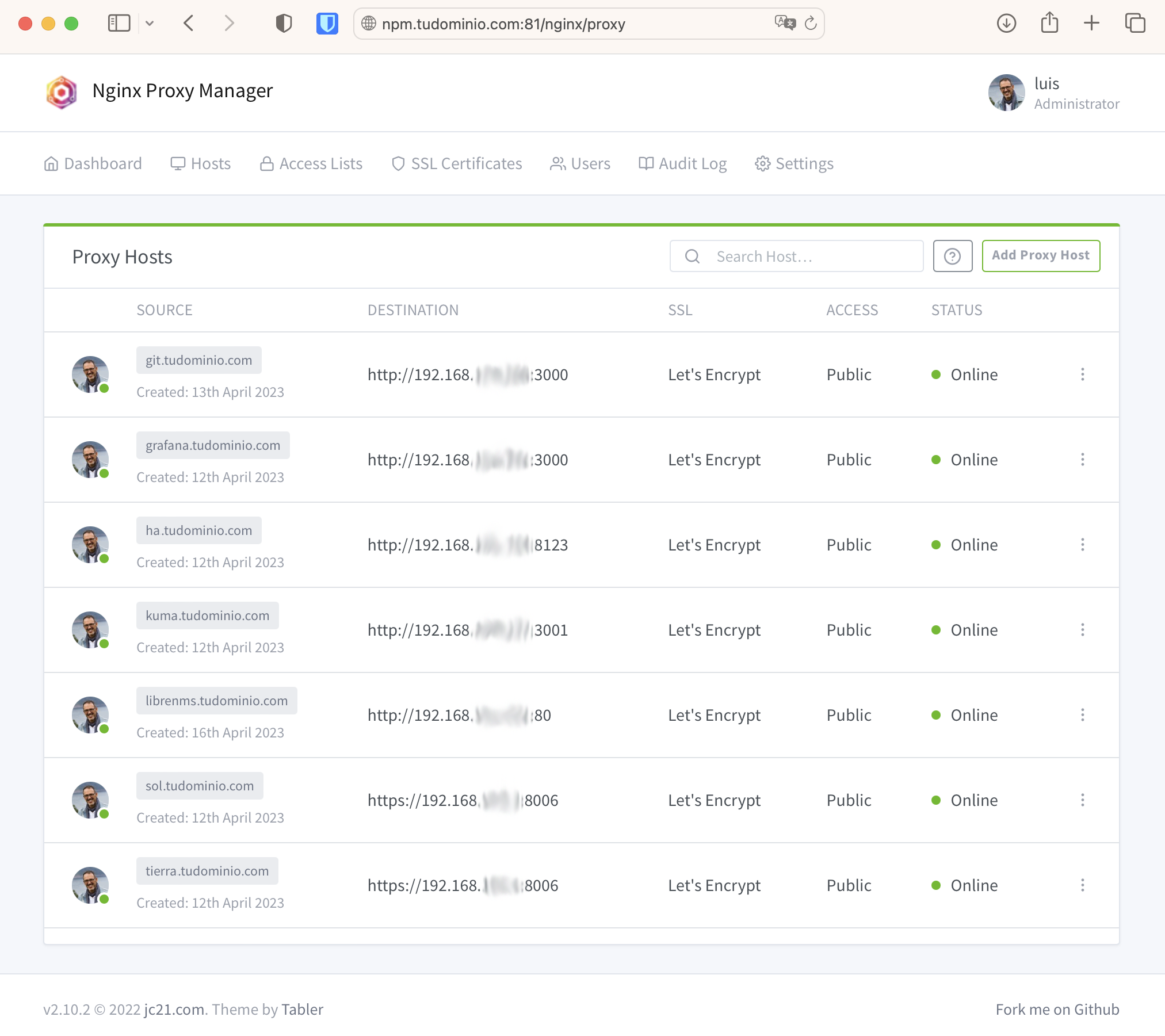 Lista de Proxy Hosts