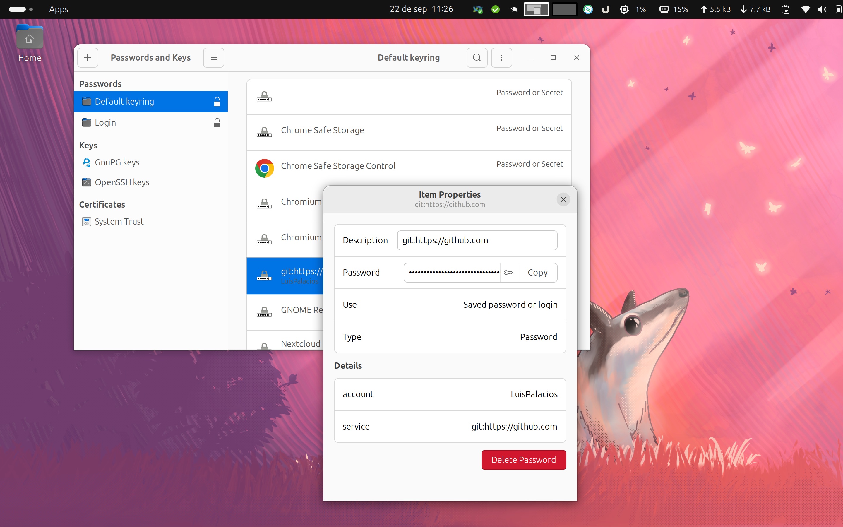 App Seahorse para acceder al GNOME Keyring